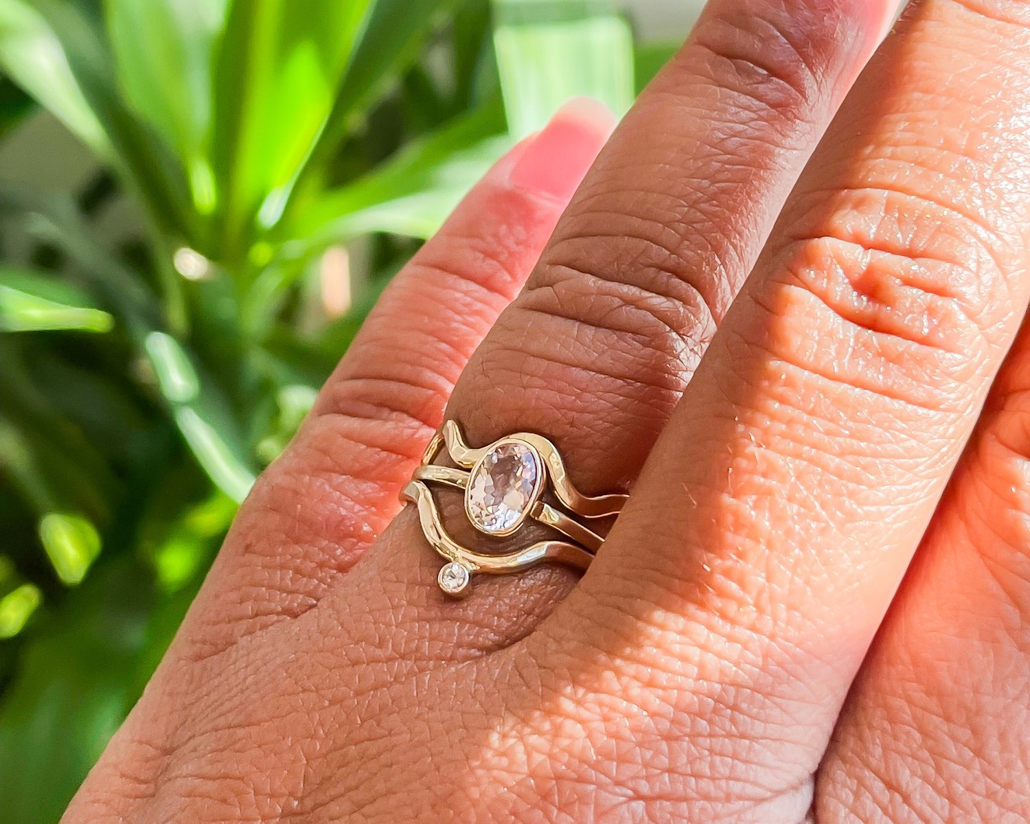 SUN & SELENE engagement ring stack on model