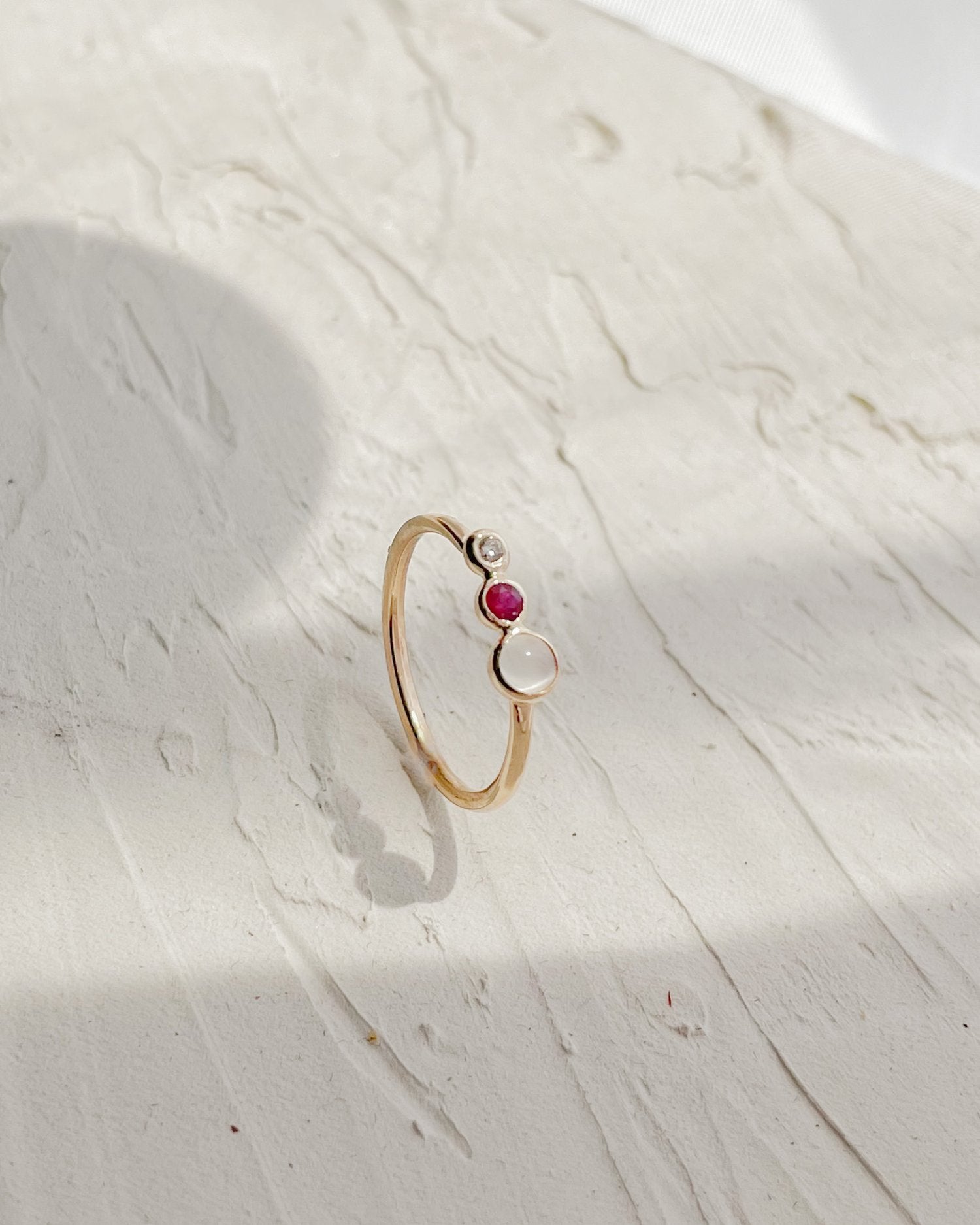 SUN & SELENE ruby moonstone + diamond ring