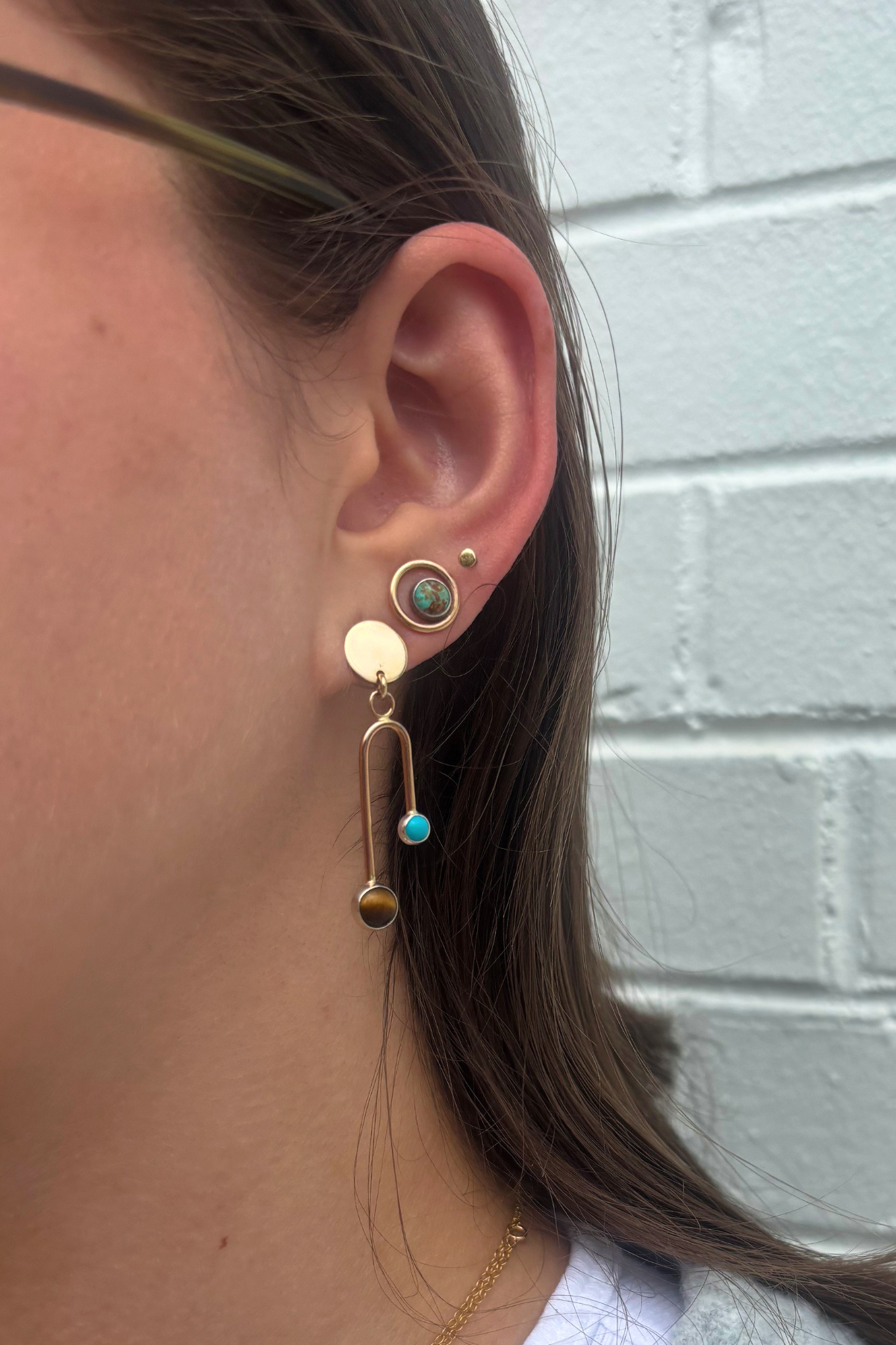 Turquoise + Tigers Eye // gemstone arc earrings