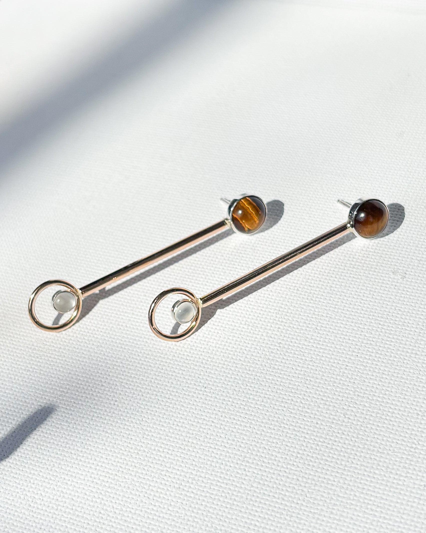 Moonstone + Tigers Eye // gemstone bar earrings