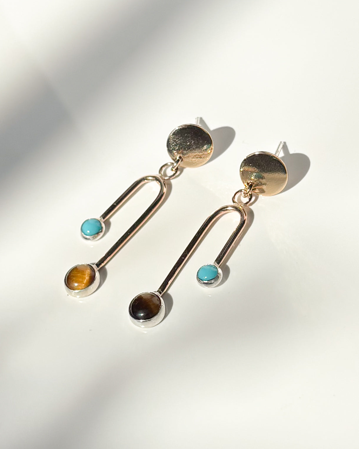 Turquoise + Tigers Eye // gemstone arc earrings