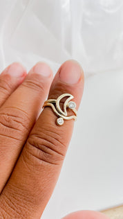SUN & SELENE engagement + wedding ring stack on model